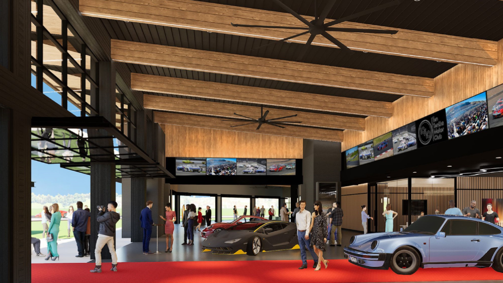 Interior garage rendering at the Ten Tenths Motor Club